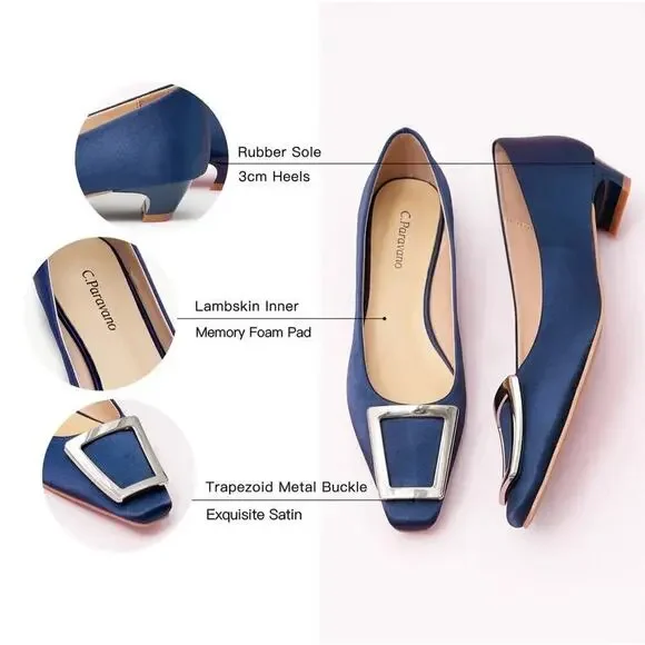 Metal Buckle Satin Low Heel (Lucia) C.Paravano Blue size women's 8 - Picture 4 of 14